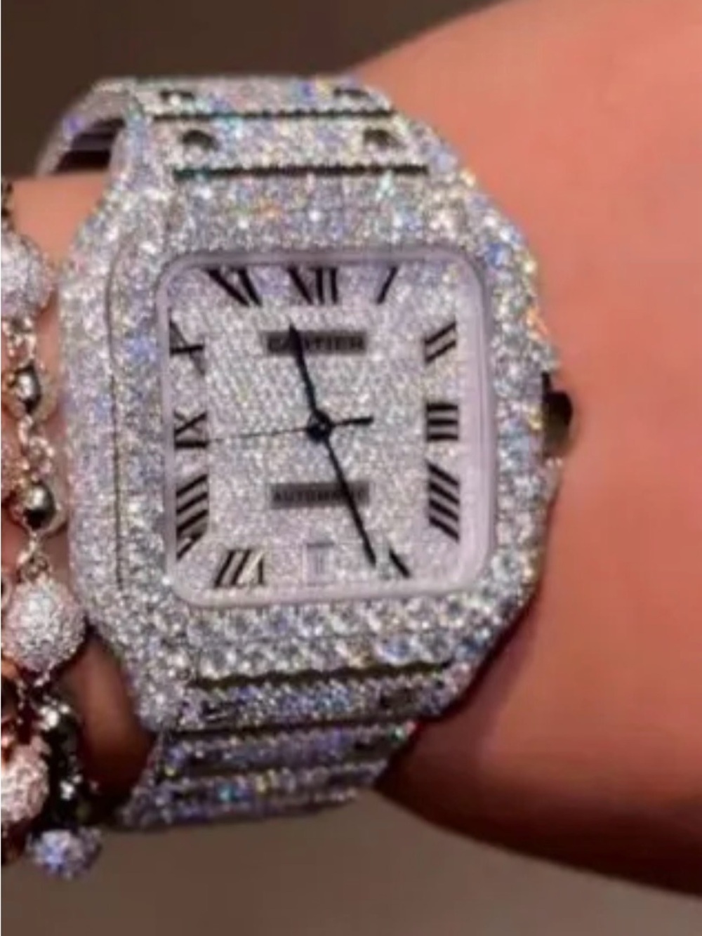 Moissanite Diamond Pave Square Dial Women's Watch - Silver